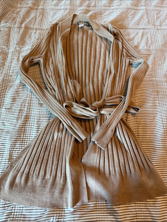 Sweaters - Ribbed Tie-Waist Long Cardigan in Taupe